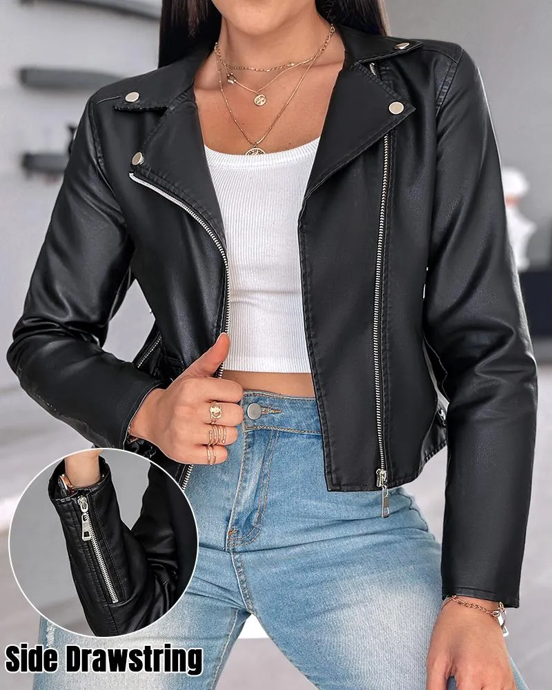 PU Leather Notched Collar Zipper Design Biker Jacket