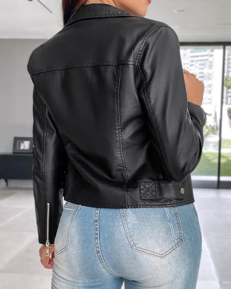 PU Leather Notched Collar Zipper Design Biker Jacket