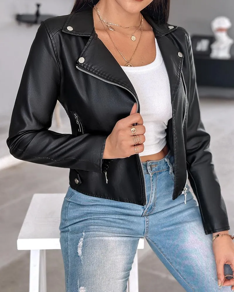 PU Leather Notched Collar Zipper Design Biker Jacket