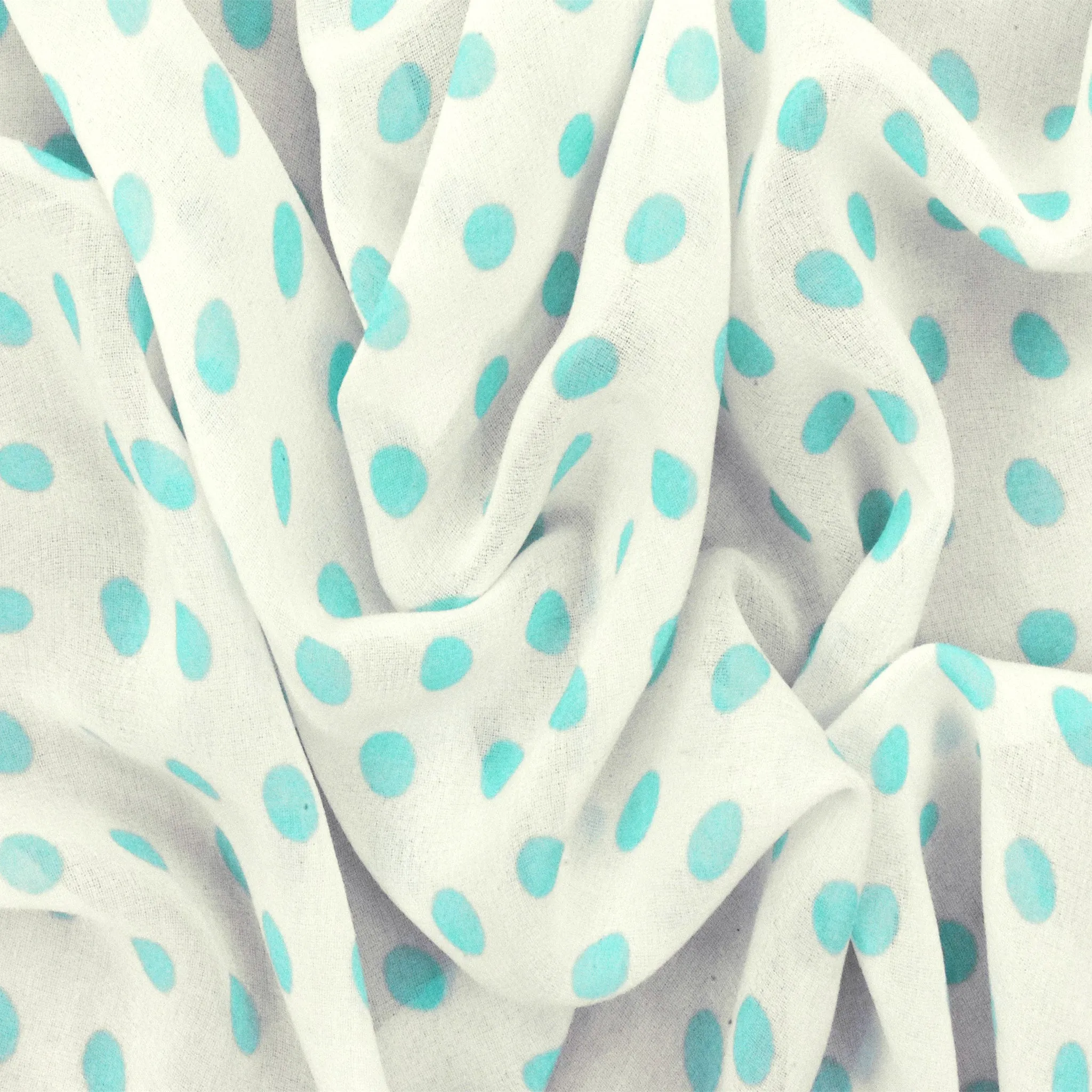 Pure White-Aqua Dot Printed Poly Chiffon Woven Fabric