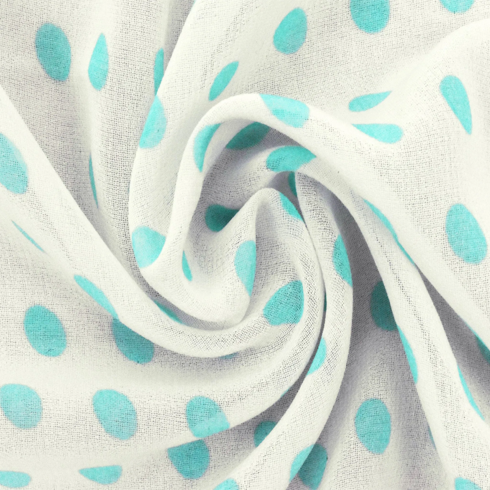 Pure White-Aqua Dot Printed Poly Chiffon Woven Fabric