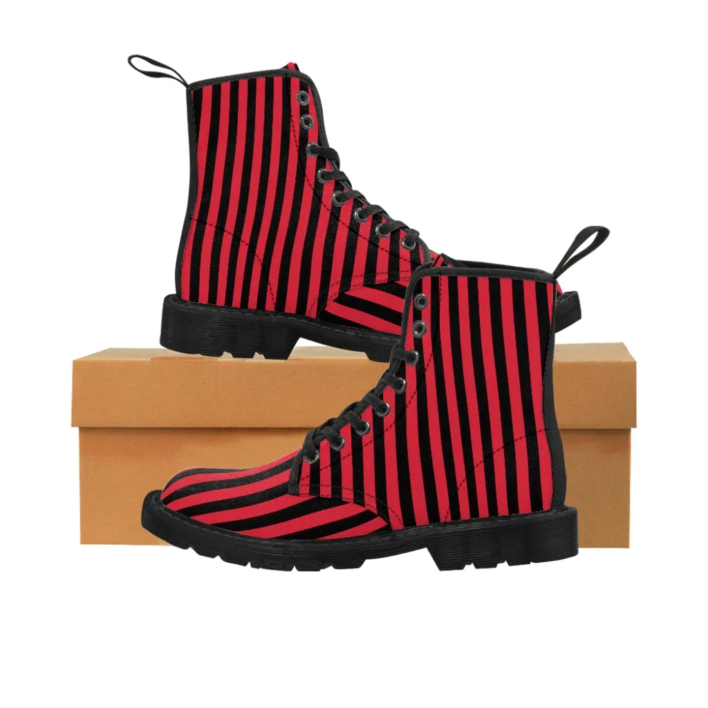 Red Black Striped Ladies' Boots, Designer Modern Women's Canvas Hiker's Boots (US Size 6.5-11)