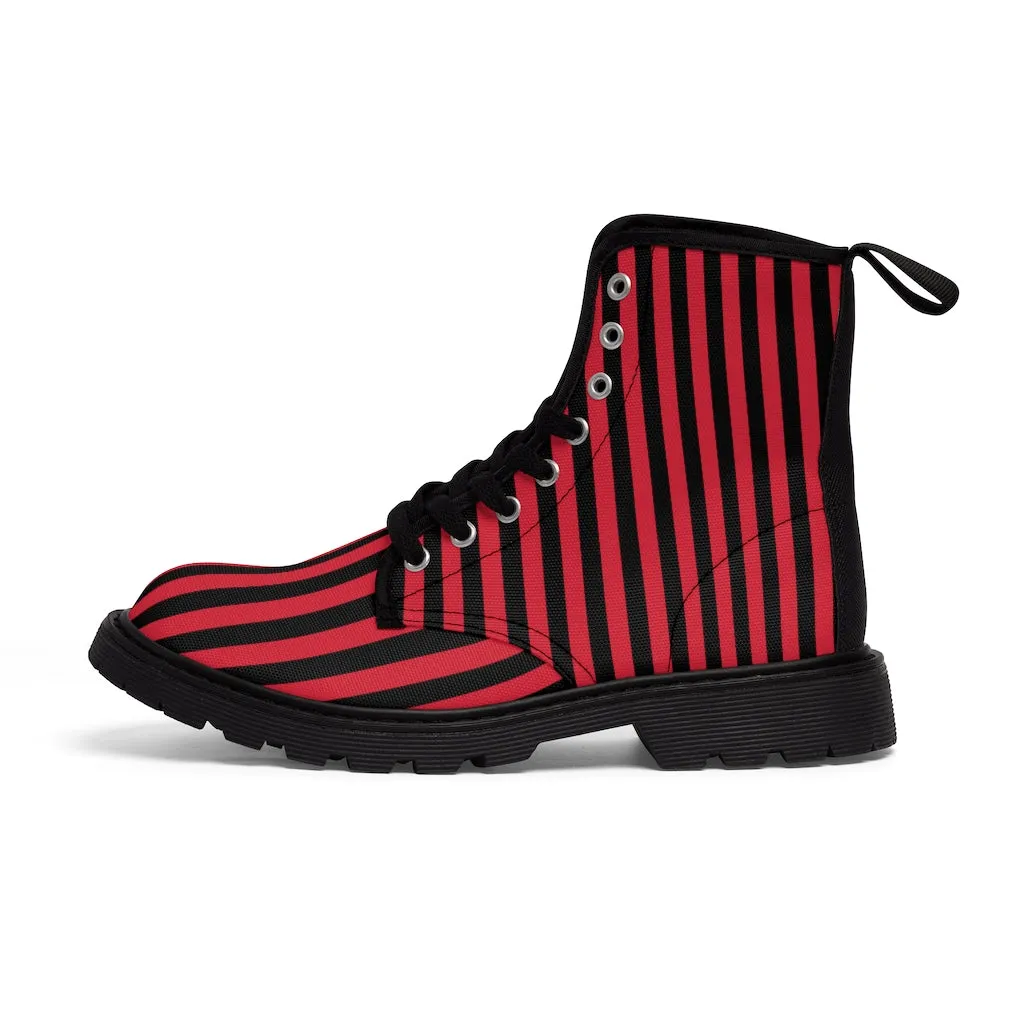 Red Black Striped Ladies' Boots, Designer Modern Women's Canvas Hiker's Boots (US Size 6.5-11)