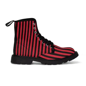 Red Black Striped Ladies' Boots, Designer Modern Women's Canvas Hiker's Boots (US Size 6.5-11)