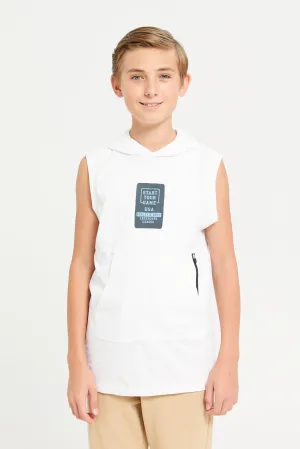 Senior Boys White Hooded Sleeveless T-shirt