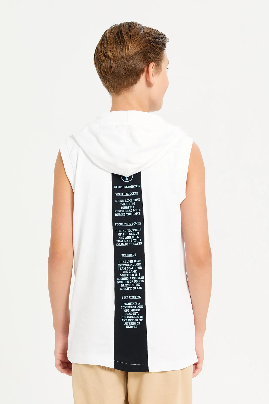 Senior Boys White Hooded Sleeveless T-shirt