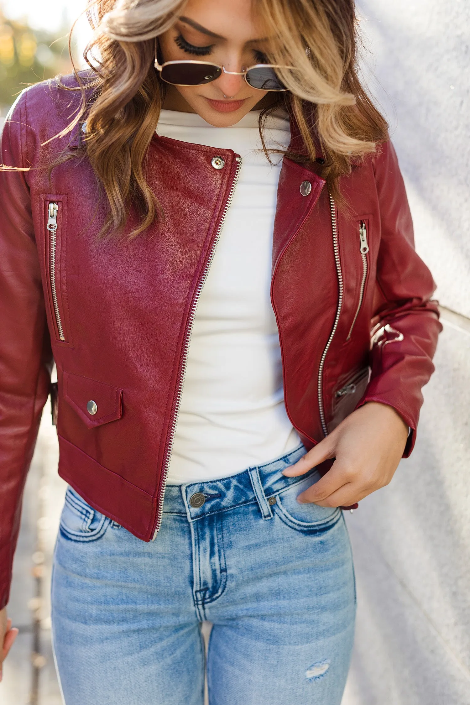 The Crushing It Wine Faux Leather Moto Jacket