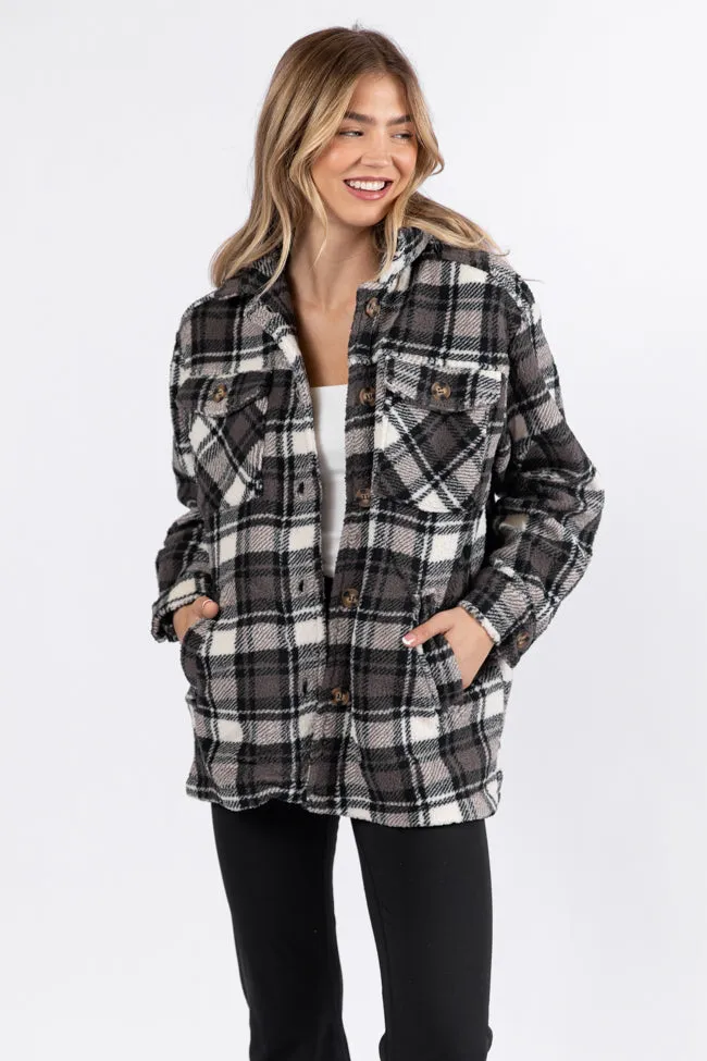 Through The Leaves Black Plaid Sherpa Shacket SALE