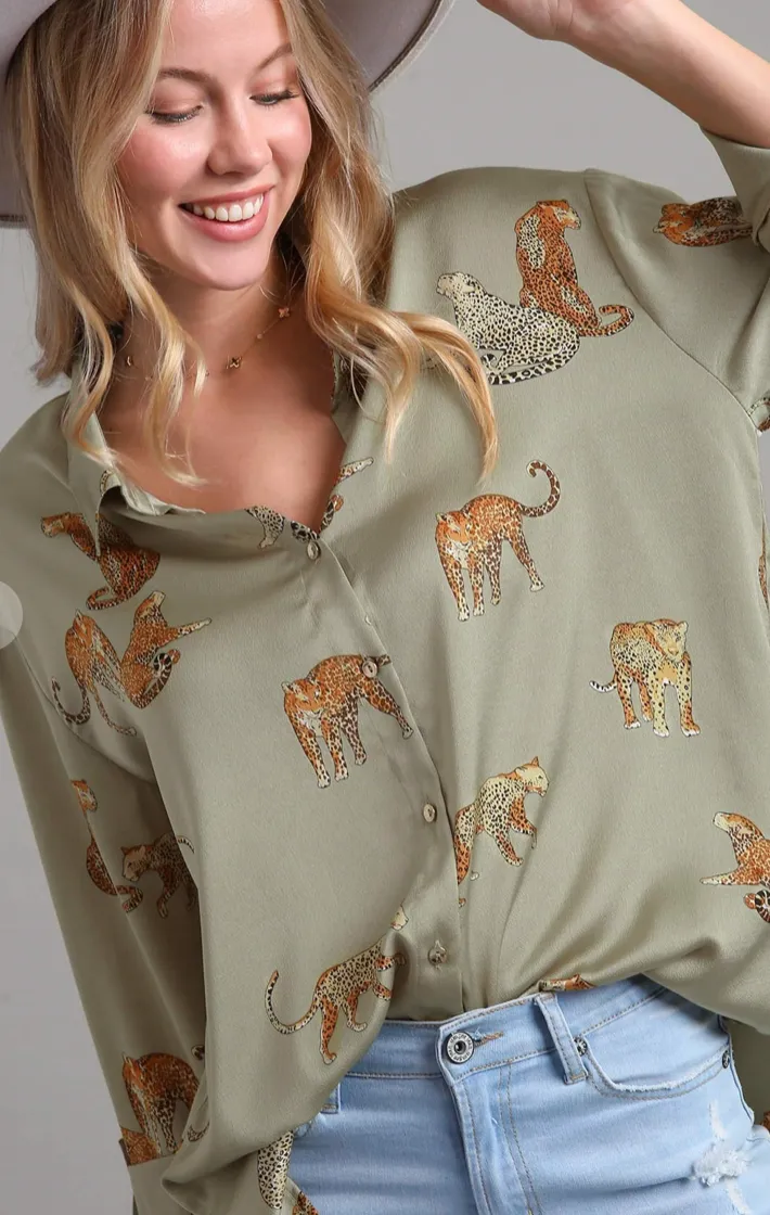 UMGEE Satin Animal Print Button Down Top - Final Sale