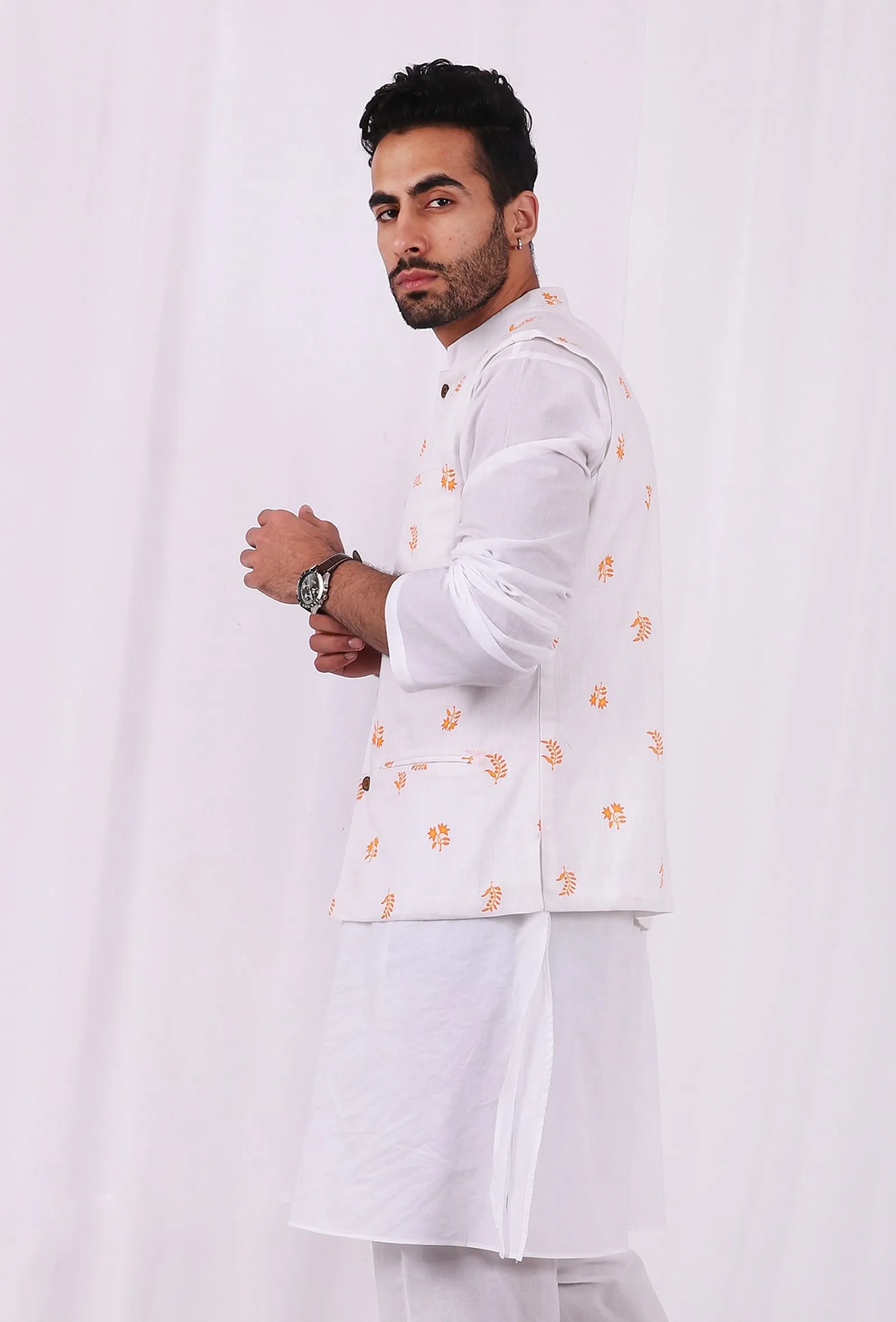 White and Orange Floral Hand Block Nehru Jacket