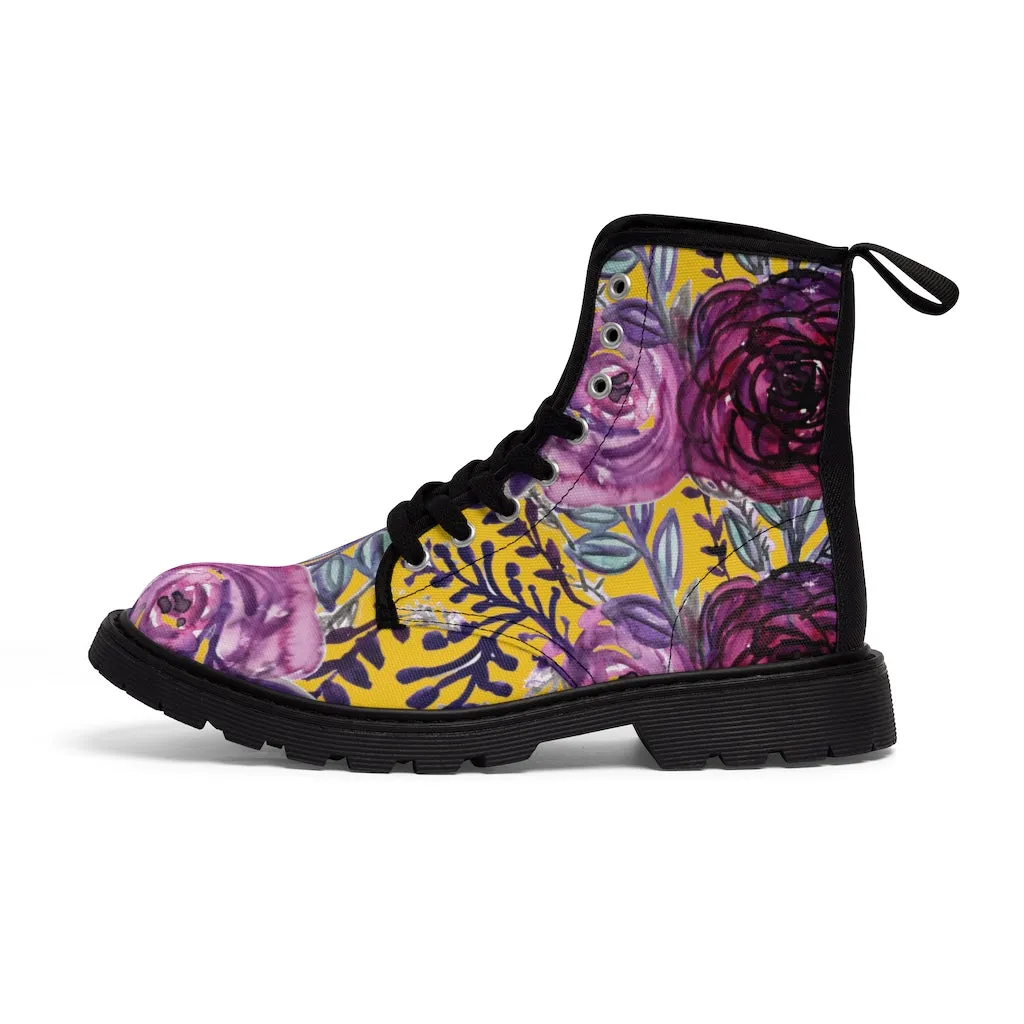 Yellow Purple Rose Women's Boots, Best Vintage Style Premium Quality Winter Boots For Ladies