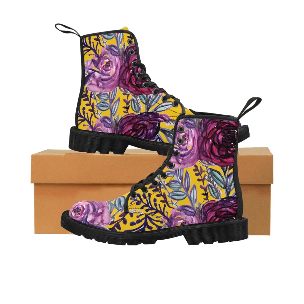 Yellow Purple Rose Women's Boots, Best Vintage Style Premium Quality Winter Boots For Ladies