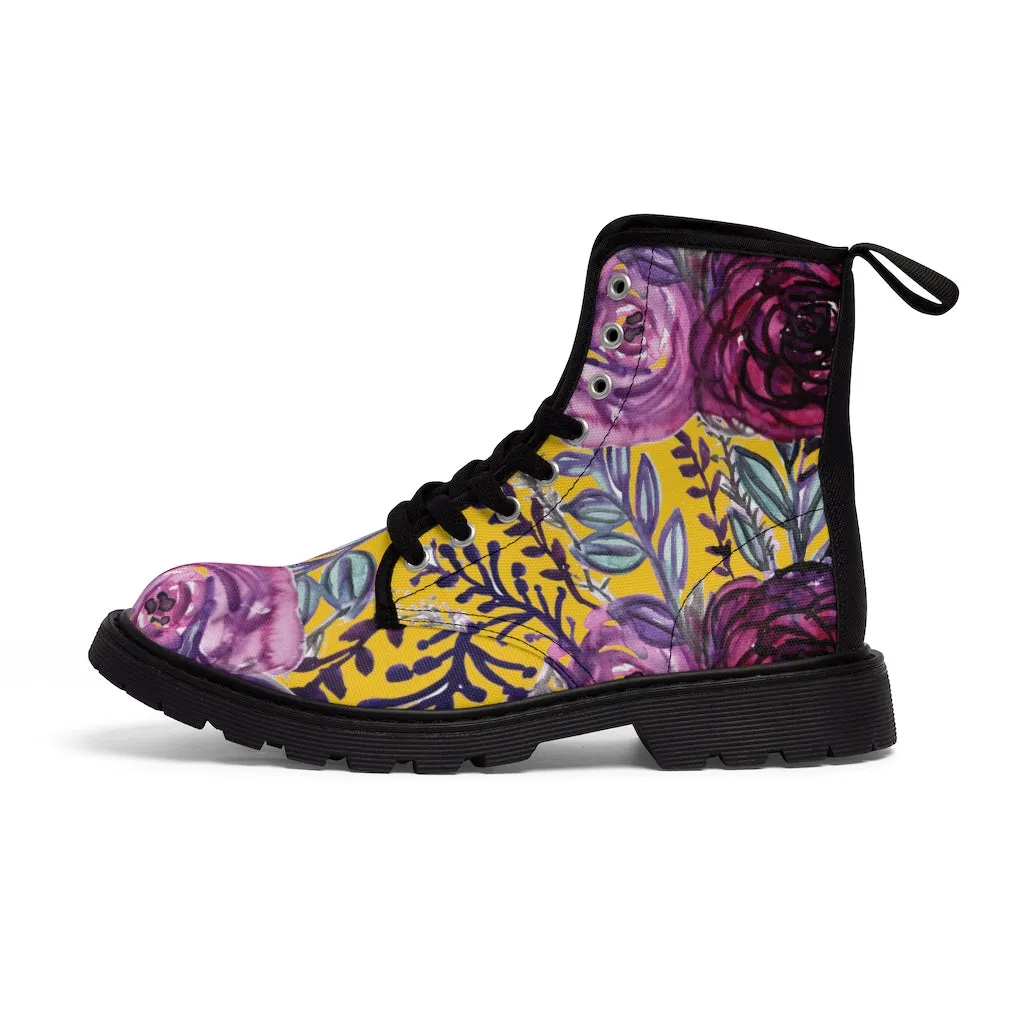 Yellow Purple Rose Women's Boots, Best Vintage Style Premium Quality Winter Boots For Ladies