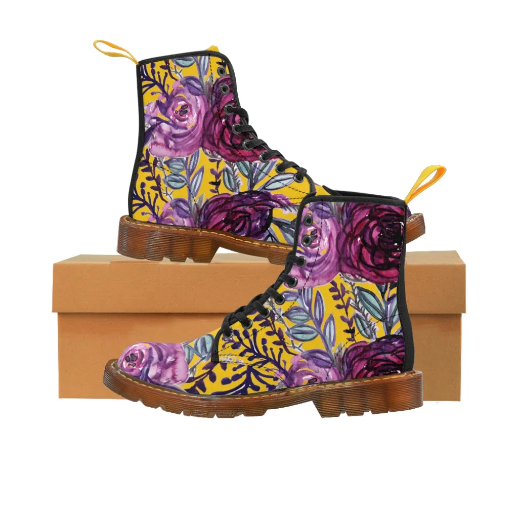 Yellow Purple Rose Women's Boots, Best Vintage Style Premium Quality Winter Boots For Ladies